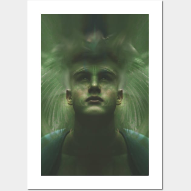 Portrait, digital collage, special processing. Dark, strong. Guy face looking up high. Fantasy. Green, energy flows. Wall Art by 234TeeUser234